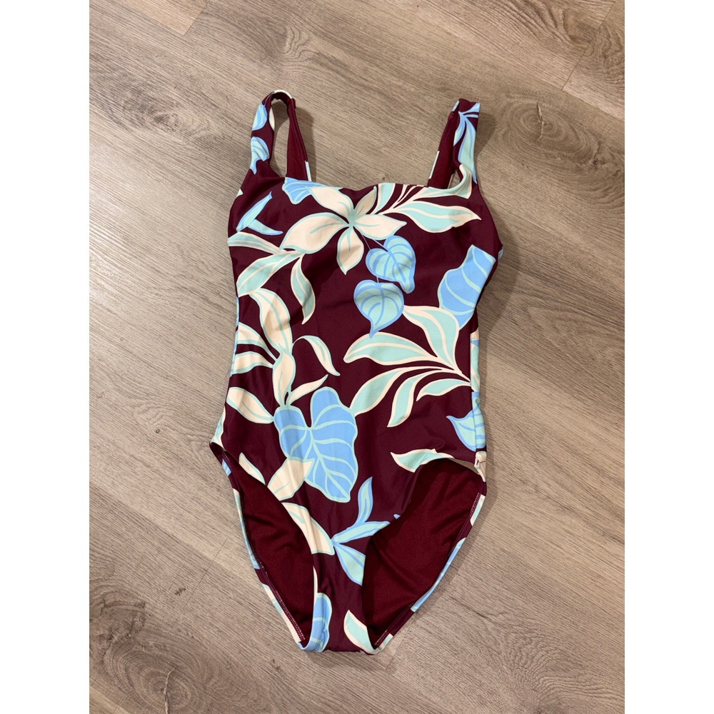 Shade & Shore Burgundy Tropical Leaf One Piece Swimsuit Tummy Control Small 4-6